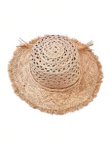 1 pièce Chapeau de paille décoratif fait main, ajouré, de couleur unie, avec protection UV. à la mode polyvalente pour les déplacements, mettant le visage en valeur. Printemps/Été, vacances, festival - Chapeau de paille rond - Voir 9