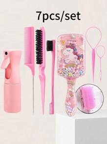 7-delige set haarstylingtools voor kinderen, inclusief haarclip met eenhoornontwerp, luchtkussenborstel, haarkam, verlengclip, verfborstel en haarsprayfles, draagbaar