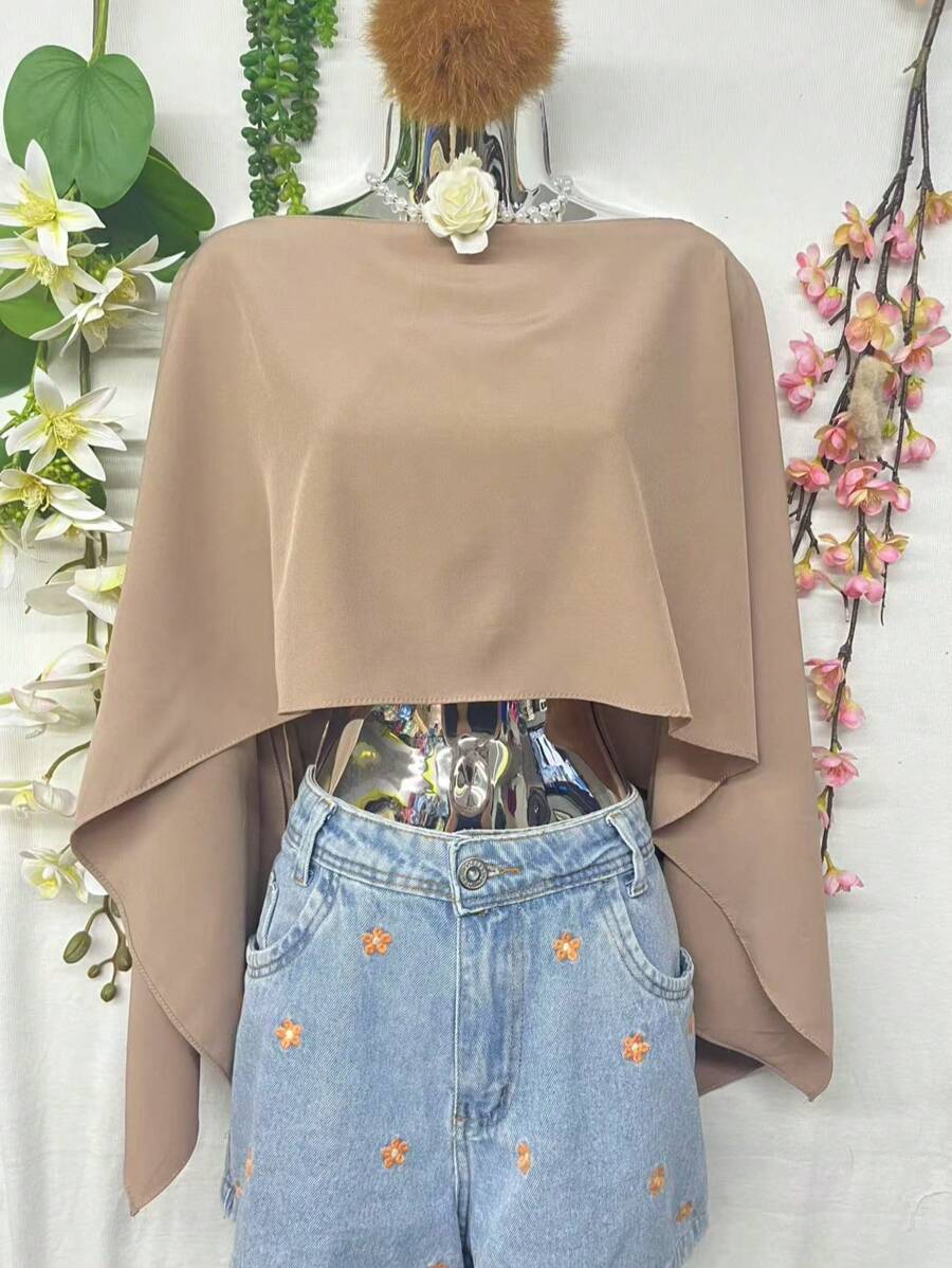T090 XENA Women's Blouse With Bat Sleeve Cape Top, Dropped Shoulder Crepe Dune Neckline, With Underwear - 卡其色 - 查看 1