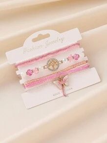 5pcs Pink Elegant Versatile Fashion Graceful Luxury Handmade Beaded Crystal Life Tree Butterfly Anklets Set, Suitable For Women Gift, Party, Casual, Travel, Bar, Holiday, Daily Wear