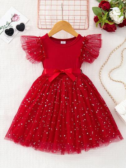 Elegantes Midikleid für Kleine Mädchen mit Rüschenärmeln und Sternpailletten - angenehmer Polyesterstoff, taillierter Bund, perfekt für Frühling & Herbst