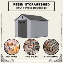 XWT013-1 8*10ft Resin Plastic Storage Shed For Backyard Garden Big Spire Tool Storage - 黑色+灰色如圖 - 查看 5