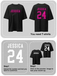 Customized Y2K Style Graphic Loose Fit Women Tee, Upload Your Personalized Lucky Number, Text/Name/Message/Birthday Wishes, Black Casual Loose Short Sleeve T-Shirt Tops, Holiday Gift, Spring Summer Clothes, Best Friend Gift, Summer Tops, Summer Women Apparel Customization, Jersey Style,Ornamental,Dawg,Unique,Custom,Ideal Gifts For Her,Family,Friends,Pink Girls,For Holiday,For Vacation,For Anniversaries