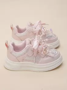 Girls' Spring Athletic Lace-Up Sneakers, Bowknot Rhinestone Decor, Kids Casual Running Shoes