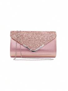 Luxurious And Elegant Flap Clutch Bag With A V-Shaped Design, Metal Chain, Glittering Sequins, And Envelope Shape. It Is An Evening Bag Suitable For Parties, Proms, Weddings, And Casual Occasions. It Is A Lady's Handbag And An Excellent Choice For Banquets And Dinners., Prom Bag For Party