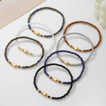 14pcs/Set Girls' Cute Bohemian Style Colorful Beaded Heart Bracelets, Elastic Multi-Layer Stacking, Suitable For Daily Wear Or Holidays