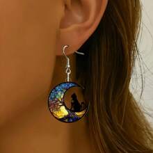 A Set Of 4 Pairs Of Unique And Dreamy Crescent Moon Cat Earrings, With Colorful Patterns That Blend Starry - Sky And Flower Elements