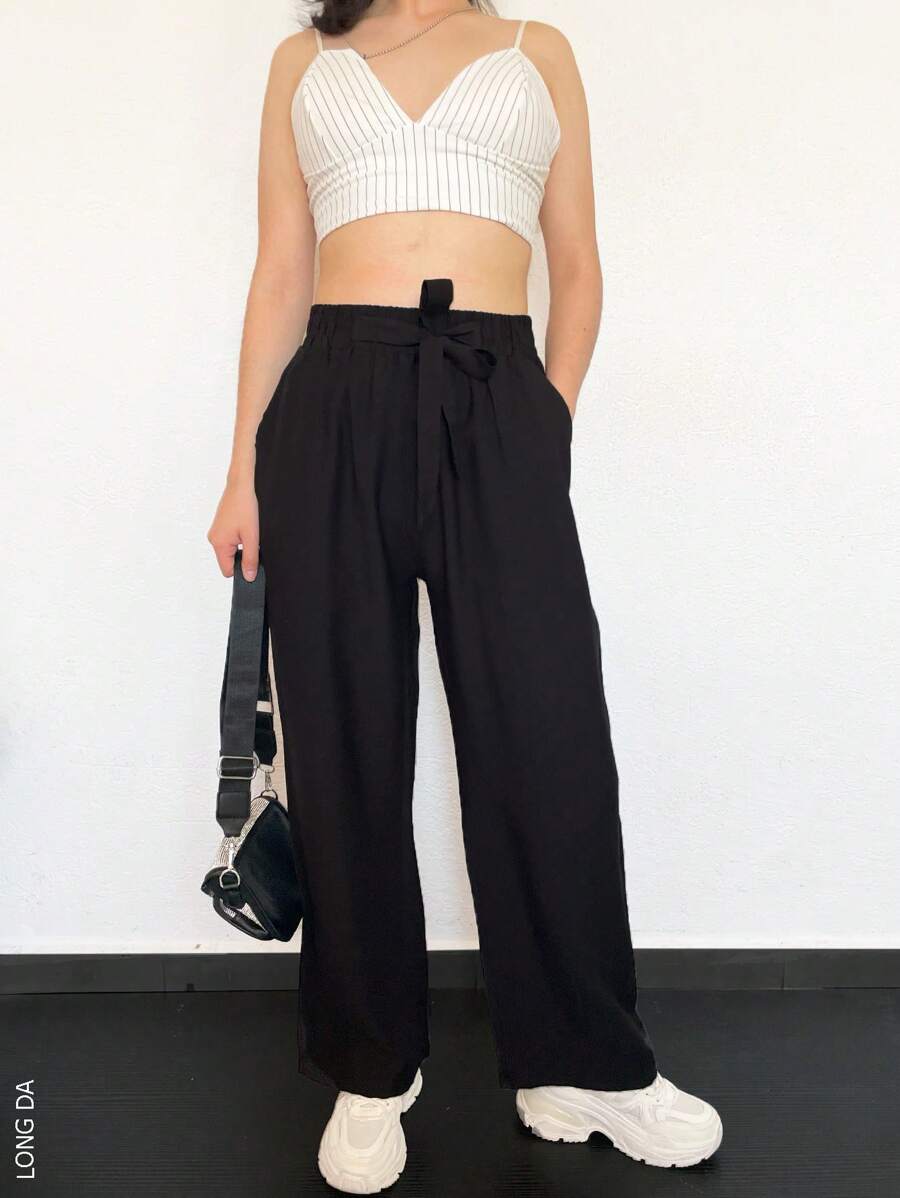 Women's Straight Leg Trousers, Elegant, Classic And Casual, Viscose And Nylon Fabric, Suitable For Spring And Summer Seasons, Natural Waist Fit With Light Elastic, Elegant And Decorative Ribbon At The Waist. Functional Side Pockets. Very Soft, Cool And Light Interior On Your Skin. - 黑色 - 查看 1