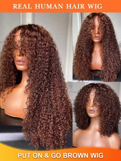 4英寸x4英寸蕾丝前假发，巧克力棕色卷发带刘海，180%密度蓬松卷曲真人发假发，适合日常佩戴，漂白发结，巴西雷米发，适合万圣节装扮