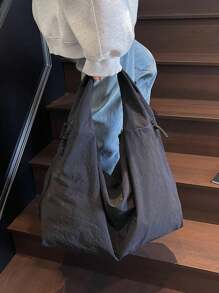 2026春夏新款黑色尼龙布包，大容量纯色单肩包，休闲日式布包，多功能大学生书包，简约时尚手提包，短途旅行包，双拉链侧袋，月牙形 - 黑色 - 查看 7