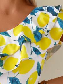1 pieza Traje de baño de una pieza con hombro descubierto, volantes y estampado de limón, para mujer, para vacaciones de verano en la playa
