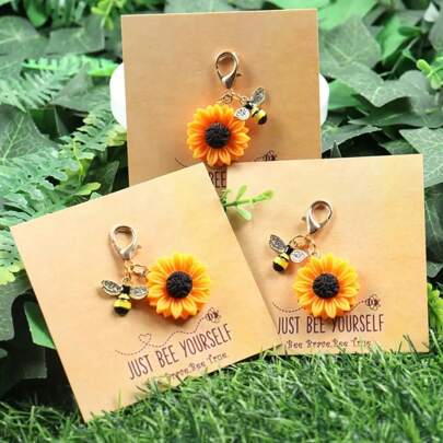 Perfect Inspirational 1/3/5pcs/10pcs 'Just Bee Yourself' Keychains - Mini Bee & Sunflower Charm, Paper Material, Perfect For Summer, Fall, Weddings, Thanksgiving, Or Teacher Appreciation Bag Accessories Lanyards With Id Holder Car Accessories Bag Charms Gifts For Mother, Father, Graduation, And Teacher