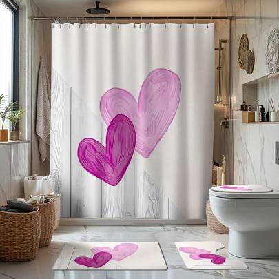 1/4 件紫心主题浴室窗帘套装、浴室垫、U 型马桶垫、马桶座盖、防水浴帘、浴室装饰、现代风格浴室隔断帘、无需钻孔、涤纶制成、可机洗