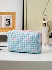 1 Stück neue karierte Schleifen Großraum-Clutch Aufbewahrungstasche, Münztasche tragbar, frisch und einfach, japanischer und koreanischer Studenten Beliebte Aufbewahrungstasche für Ausweise, Kosmetika, Datenkabel. Süßer, mädchenhafter Kosmetiktasche