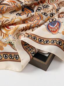 1pc Vintage Printed Lady's Silk Scarf, Soft & Elegant Headband For All Seasons, Multi Purpose Large Square Scarf 70*70cm, Perfect Gift Bandana,Hair Band,Head Band Ideal For Dressing Up Your Look - Beige - View 6