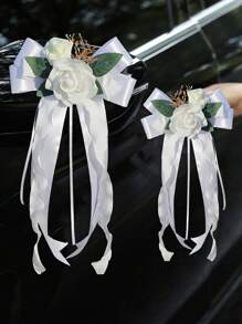 1PC Rose Flower Rearview Mirror Decoration Flower Wedding Car Flower Wedding Scene Decoration, Staircase Handrails, Corridor Door Handle Bow Rose Decoration - Multicolor - View 4