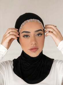 1pc Women Solid Color Rhinestone Fashion Casual Elastic Tie Band Jersey Headwrap, Multifunctional As Underscarf, Headband, Neck Warmer - Solid Color - View 3