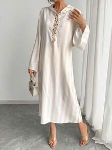 Arabic Women's Dress, Striped Luxury Sequin Beaded Patchwork Dress, Lightweight Loose Casual Hooded Long Dress For Autumn, Arabic Party Festival Fashion Essential, Hooded Maxi Dress, Holiday Dress, Luxury Evening Gown, Elegant Style, Casual, Beach Vacation Dress For Women - Apricot - View 4