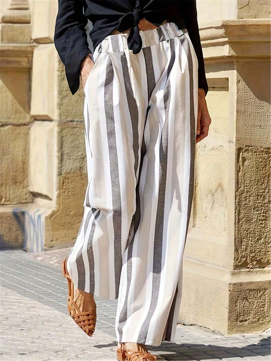 Women's Striped Print Elastic Waist Wide Leg Casual Pants - Apricot - View 1