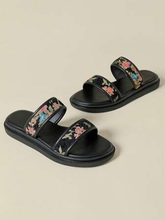 Women's Fashion Thick-Sole Flip Flops, Random Floral Print, Open Toe, Comfortable Casual Slip-On Sandals, Suitable For Beach, Summer, Spring/Autumn, Plus Size 41-43