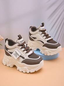 2025 Spring Women's Hidden Heel Chunky Sneakers, Lace-Up Breathable Mesh Casual Platform Shoes For Petite