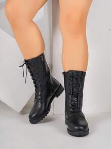 Women's Fashionable Lace-Up Mid-Calf Boots, Motorcycle Boots, Short Boots, High-Top Anti-Slip Boots, Casual & Comfortable With Side Zipper, For Outdoor, Riding, Autumn/Winter, Black, Plus Size