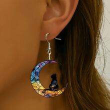 A Set Of 4 Pairs Of Unique And Dreamy Crescent Moon Cat Earrings, With Colorful Patterns That Blend Starry - Sky And Flower Elements