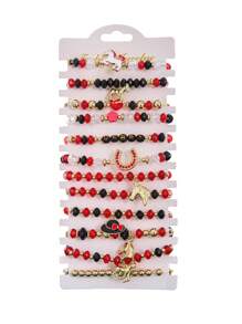 12pcs Set Kentucky Race Horse Glass Bead & Unicorn Derby Horseshoe Elastic Bracelet For Women