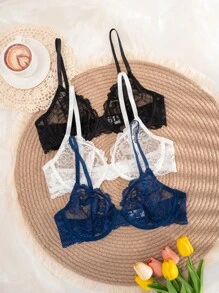 3pcs Women Solid Color Lace Thin Cup Underwire Comfortable Sexy Lingerie Bras