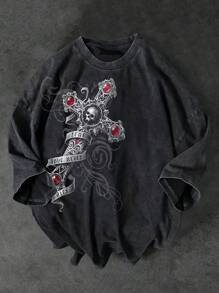 Shwiy Men's Washed Vintage Cross Print Short Sleeve Casual T-Shirt, Versatile Dark Skull Graphic Tee Suitable For Daily Wear And Street Style, Spring/Summer - Black - View 1