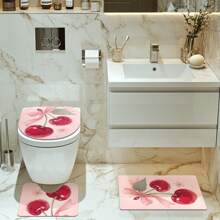 1/4pcs Cherry Blossom Themed Bathroom Set, Includes Shower Curtain, Bath Mat, U-Shaped Toilet Cover Lid, Waterproof, No-Drill, Machine Washable, Modern Style Bath Divider Curtain Back To School - Multicolor - View 3