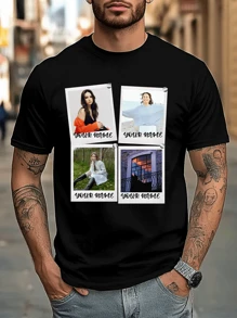 Customized Photo Printed Loose Men's T-Shirt, - Add Your Own Text And 4 Photos (Family Photo/Selfie/Couple Photo) To Style.Personalized Family Reunion Group Clothing, Custom Photo/Dad/Mam/Couple/Gifts For Him Boyfriend/Girlfriend,Family,Friends,For Vacation/Holiday/Friends Festival Outfit, Holiday/Anniversary/Wedding