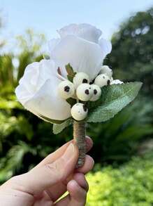 1 件西式婚礼新郎新娘象牙玫瑰胸花婚宴商务会议贵宾翻领花婚礼用品 - 彩色 - 查看 5