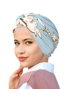 1pc Floral Print Beanie Hat For Women, Elastic Polyester Turban Cap With Twist Design, Fashionable Hair Protection Headwear For All Seasons, Travel & Daily Wear, Daily Wear Cap | Floral Print Hat | Polyester Cap - Multicolor - View 7
