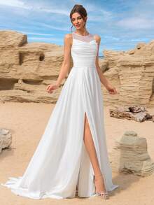 Elasola Vestido de novia simple y elegante con cremallera en la espalda, diseño de malla y parches con pliegues - Blanco - Ver 5