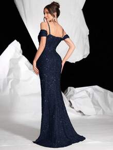 Sequined Open Shoulder Slim Fit Fishtail Dress With High Leg Slit, Padded Bust, Party/Formal Evening Gown, For Wedding Guest - Navy Blue - View 2