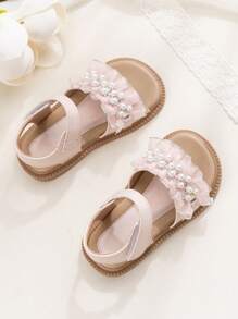 Girls' Pearl Lace PU Pink Sandals, Summer New Party Cute Princess Shoes, Soft Non-Slip Open Toe, Suitable For Party, Wedding, Casual And Daily Wear