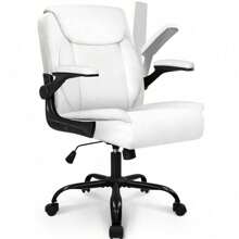 Office Chair Adjustable Desk Chair Mid Back Executive Comfortable PU Leather Ergonomic Gaming Back Support Home Computer With Flip-Up Armrest Swivel Wheels (White)