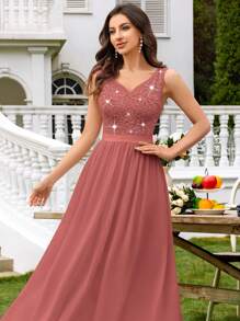 MIUSOL V领亮片拼接花卉蕾丝雪纺长款礼服，优雅大方，适合晚宴、婚礼宾客、毕业典礼、晚会等场合。 - 藕粉色 - 查看 9