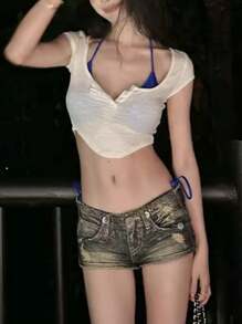 Woman Y2k Sexy Sheer Crop Tops Solid Color Button Up Short Sleeve Low-Cut Slim Fit T Shirts Midriff-Baring Pullover See Through Tees Going Out Shirts Blouses Beach Clubwear - trắng - Xem 3