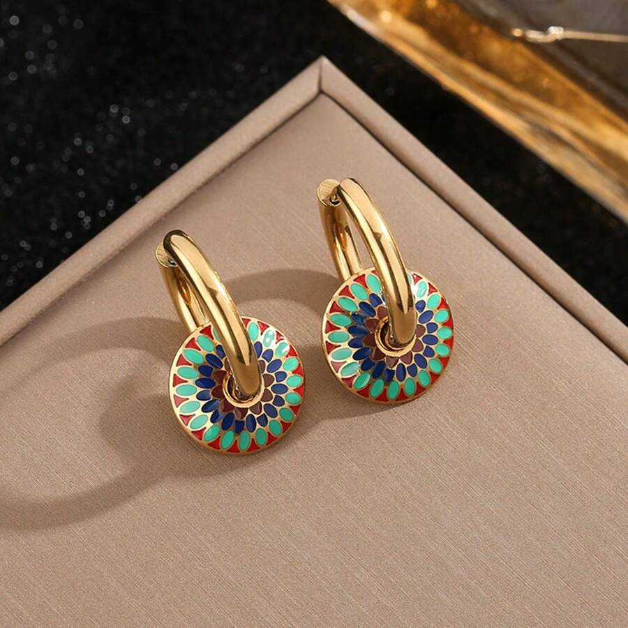 Vintage Enamel Daisy Patterned Titanium Steel Non-Fading Jewelry Set For Women: Necklace - Retro - View 1