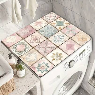 1PC Bohemian Quick-Dry Absorbent Washing Machine Pink Dust Cover Mat - Colorful Tile Pattern, Non-Slip , Ideal For Laundry Appliances & Kitchen Decor, Fits Most Standard Machines Home Decoration Table Decoration,Party Decoration,Wedding Decoration,Dining Room Kitchen Decoration,Room Decoration,Home Decoration
