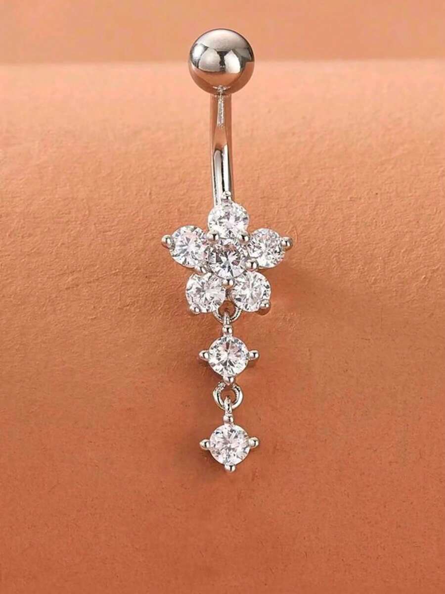 1pc Stainless Steel Natural Shell Teardrop Navel Piercing, Plum Blossom Belly Button Ring - Silver - View 1