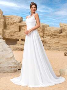 Vestido de Noiva com Estampa de Tule Elegante e Simples, Com Recorte Frontal, Plissado e Zíper Nas Costas