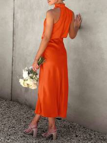 Women's Summer Satin Dress Elegant Sleeveless Fake Neckline Graduation Cocktail Party Maxi Dresses - 橘色 - 查看 2