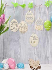 10Pcs Random Style Easter Wooden Eggs, DIY Graffiti Painted Wooden Pendant For Room, Party, Patio Decoration Crafts Free Lanyard