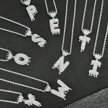 26 Letters 18K Gold Plated Cubic Zirconia Initial Pendant Necklace, Unisex Hip Hop Style, 22" Or 24" Chain Length, Christmas & New Year Gift - Silver - View 12