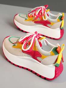 1 Pair Women Colorful Casual Sneakers, Round Toe, Lace Up, Waterproof, For Outdoor, Spring Autumn