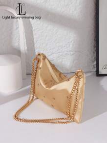 1pc Fashion Solid Color Rivet Embedded Diagonal Crossbody Bag, Elegant & High-End With Luxury Chain, Suitable For Weddings, Parties, Galas, Nightclubs, Gifts, Formal Dress - Gold - View 6