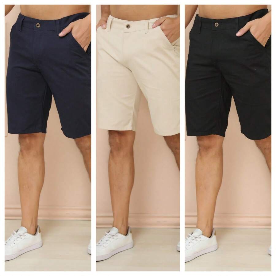 Kit 3 Men's Twill Shorts With Built-In Pocket, Premium Economy - Azul Marinho + Bege + Preta - View 1